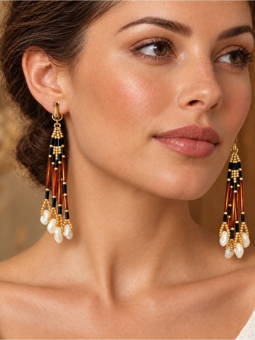 Vintage Shell Amber Black Bugle Bead Fringe Clip-On Earrings 3”